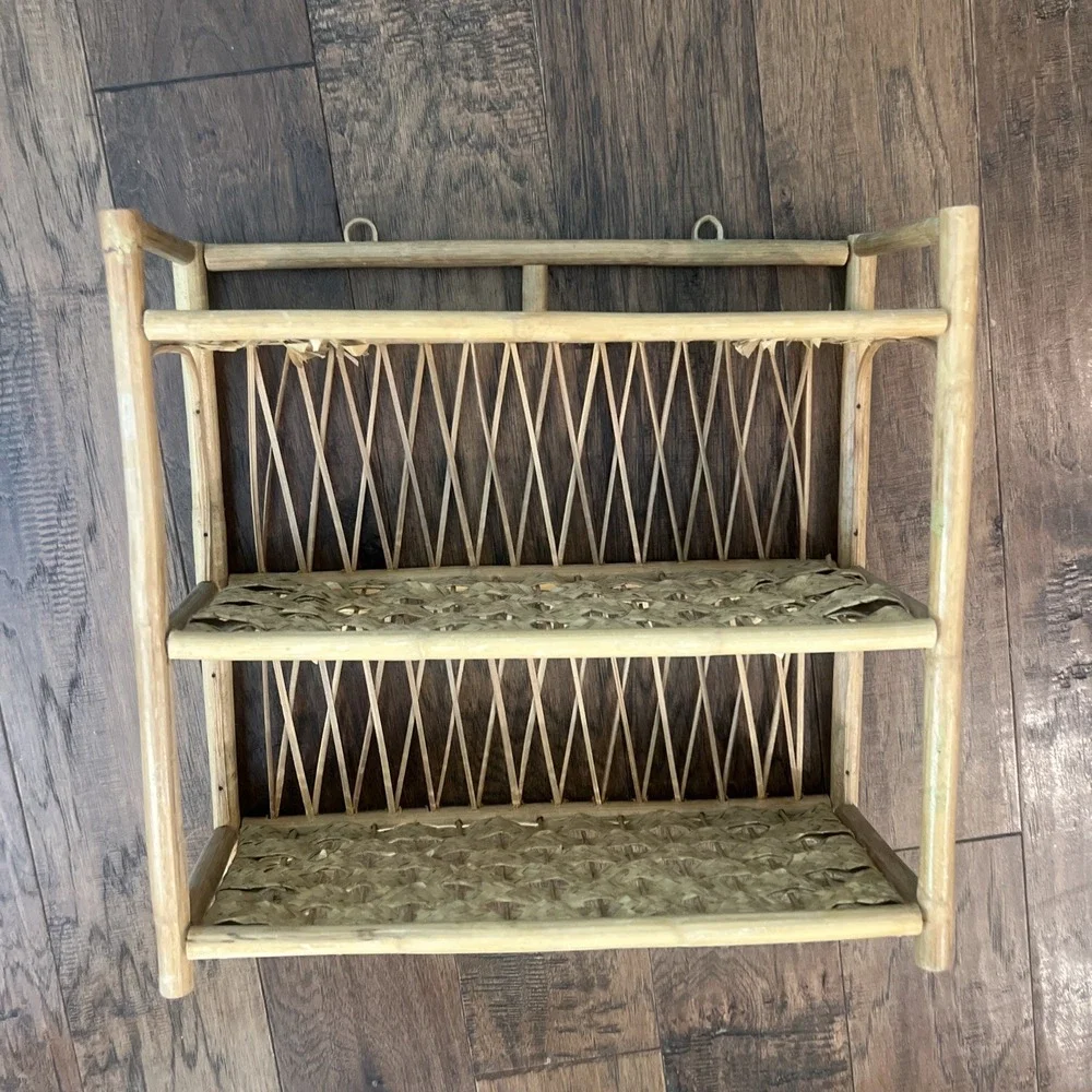 Vintage Wicker Rattan Bamboo Bathroom Wall Shelf Boho 3 Tiers